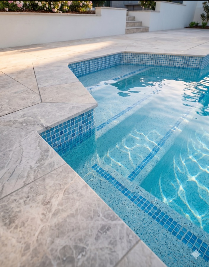 Detailed stone coping around a finished pool