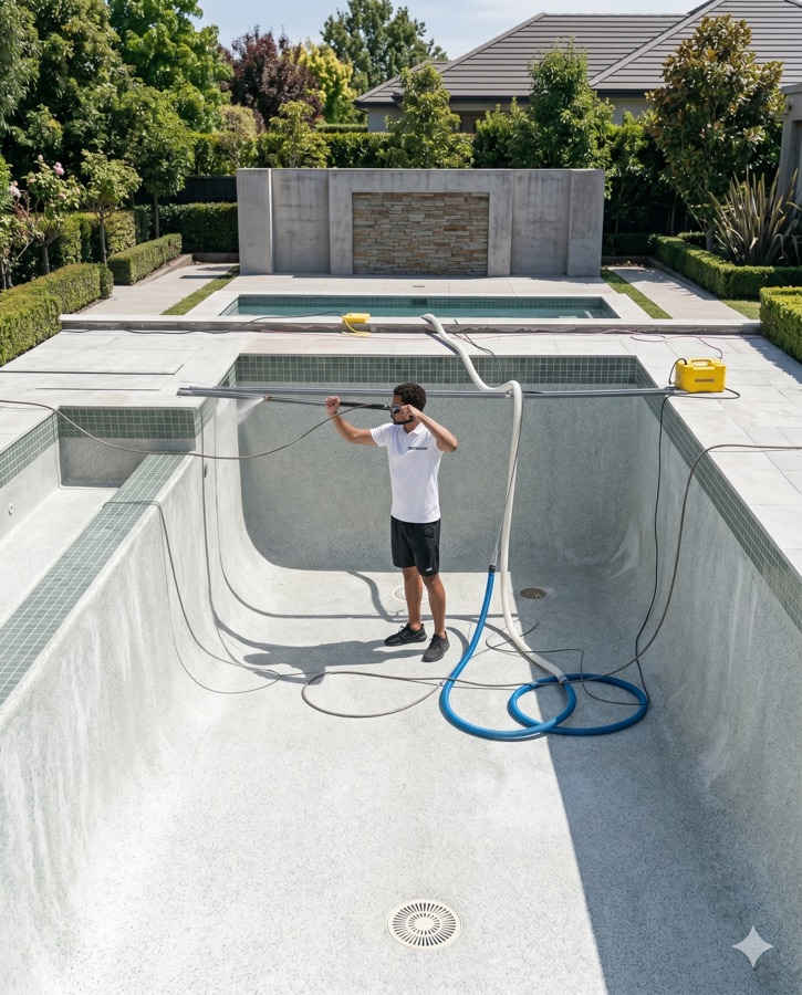 Pool specialist using professional renovation equipment