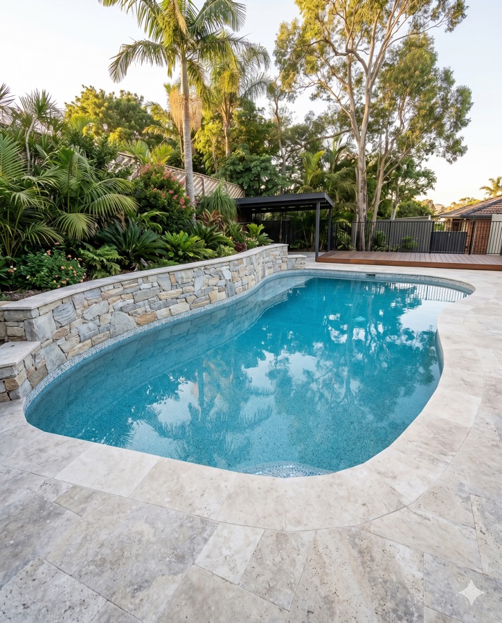 Landscaped garden surrounding a completed pool