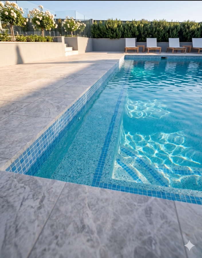 Detailed blue waterline tiling and pool interior finish