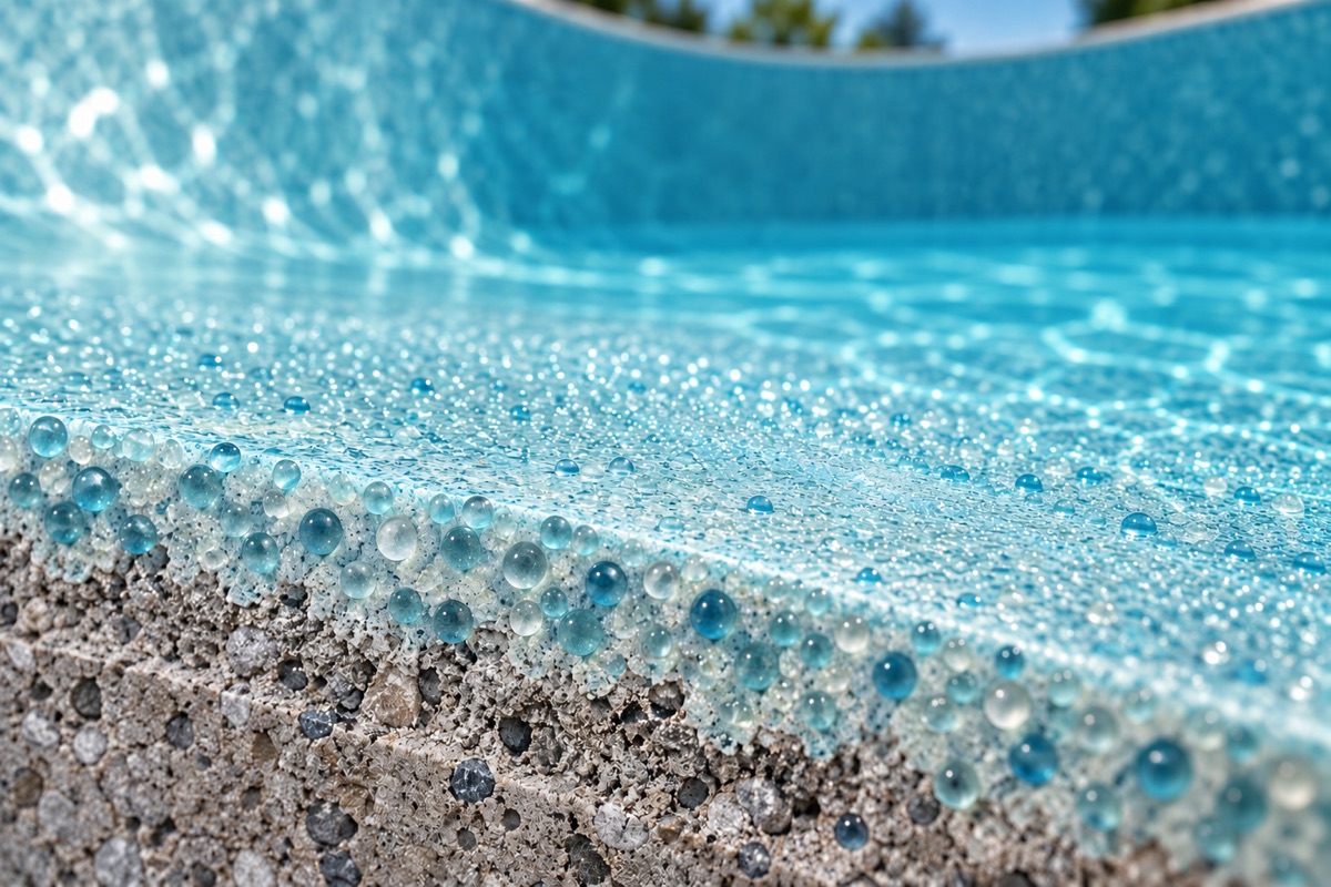 Close-up cross-section of glass beads bonded into a pool interior