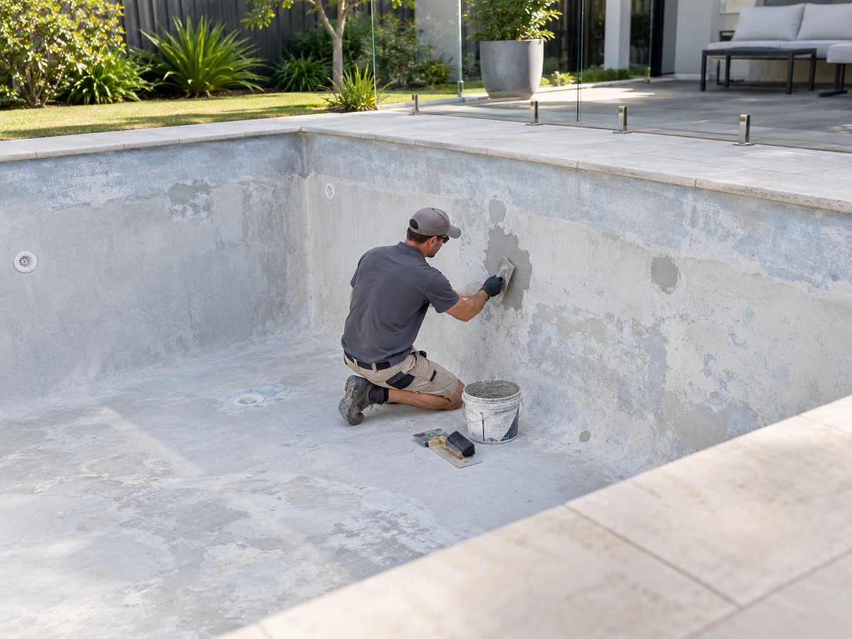 Pool technician repairing the prepared surface of a drained concrete pool